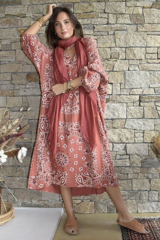 Kasbah Bubble Cotton Bandana Peasant Dress Indian Red